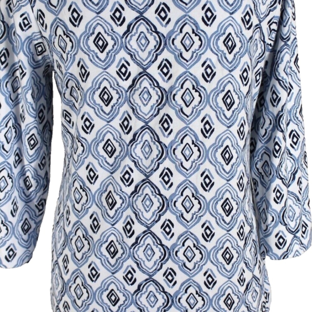 Chico's Blue and White Boxy Blouse with Three-Quarter Sleeves